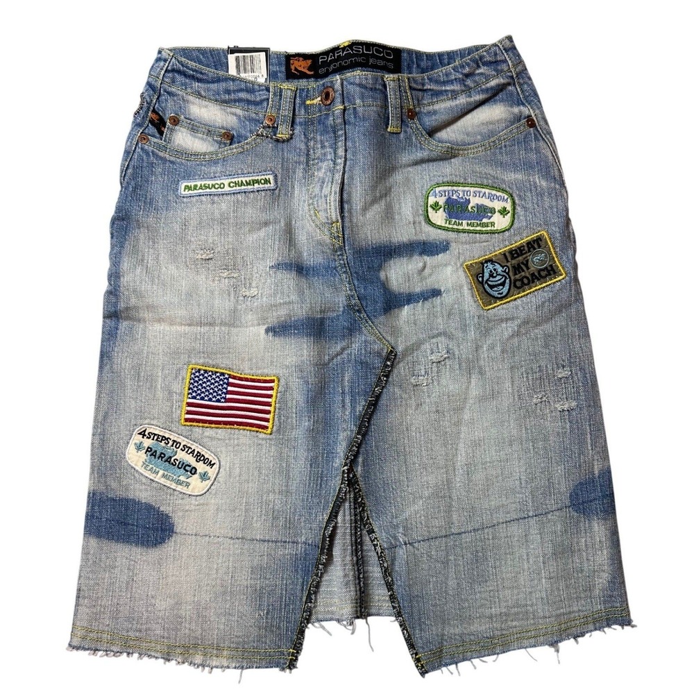 Parasuco Ergonomic Jeans Distressed Denim Patch Skirt Light Wash Size 6 NWT